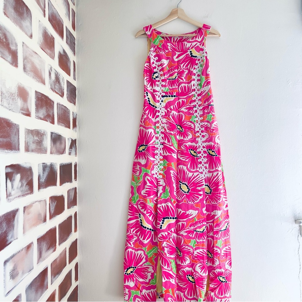 Lilly Pulitzer Sleeveless Silk Maxi In Pink Floral Print Dress Size 4
